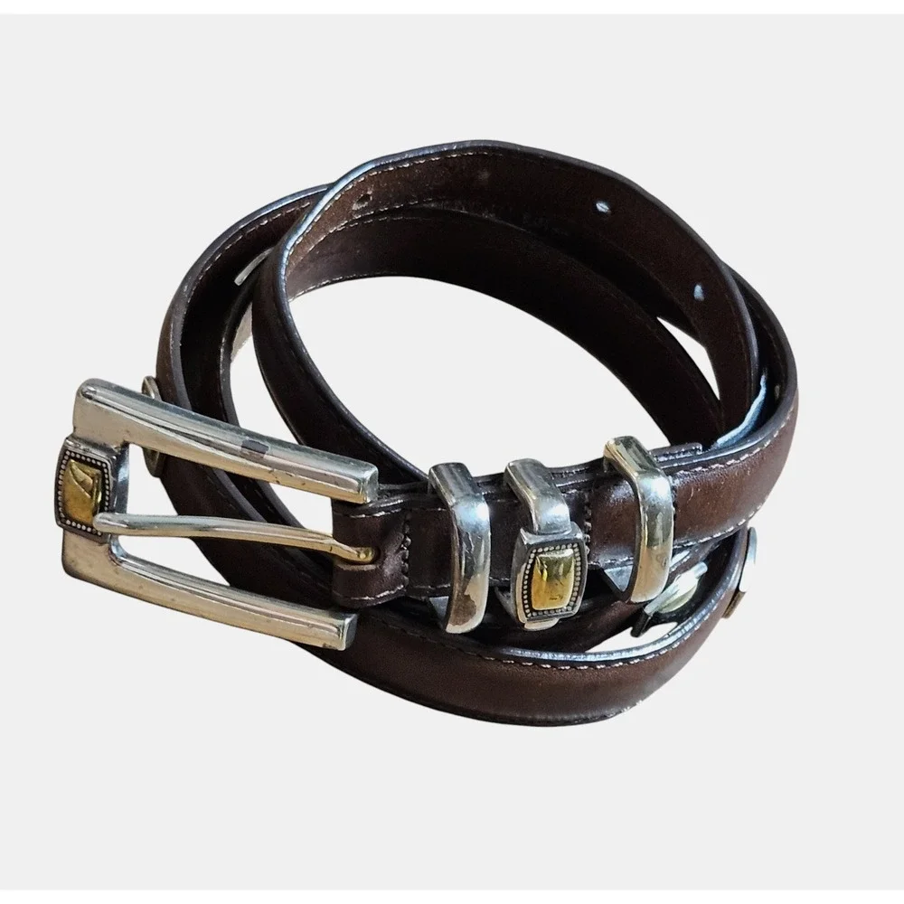 Brighton 4A308 Silver Gold Buckle Leather Western Belt Brown L/34 Boho Southwest